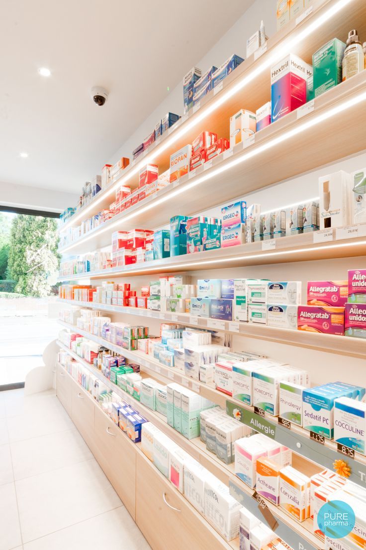 Fully stocked pharmacy shelves organized by medicine category